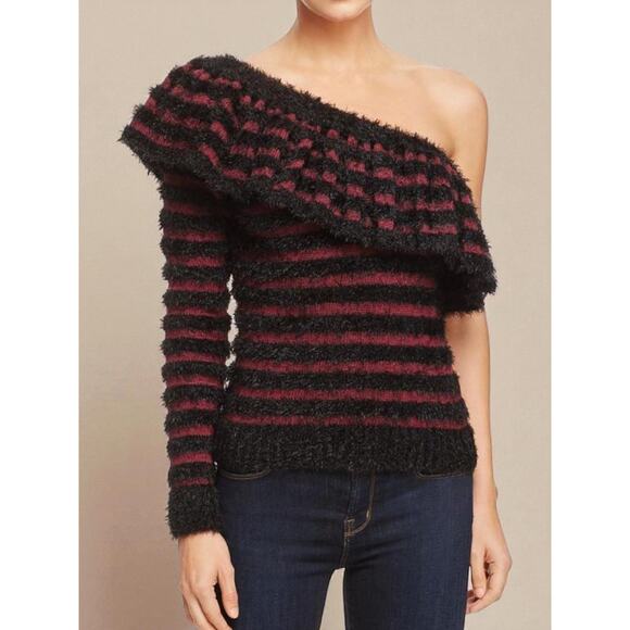 WAYF Johnie One Shoulder Sweater Purple Black Fuzzy Stripe Size M NWT - Picture 1 of 2